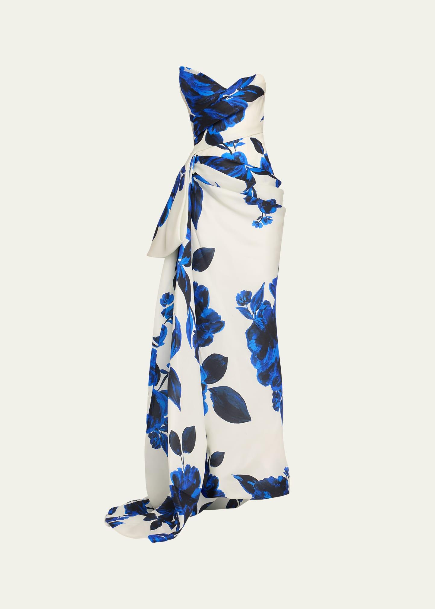 floral print asymmetric draped column gown