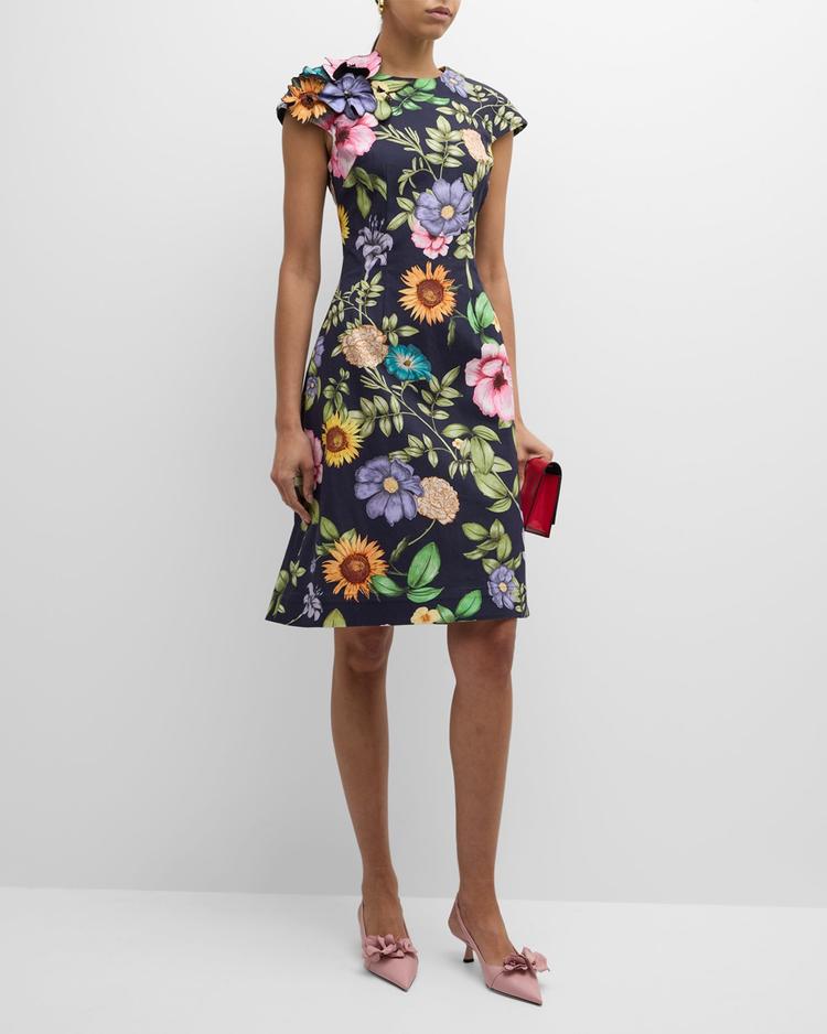 floral-print beaded applique dress