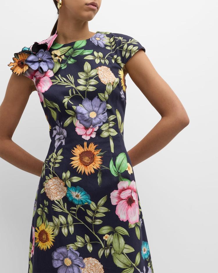 floral-print beaded applique dress