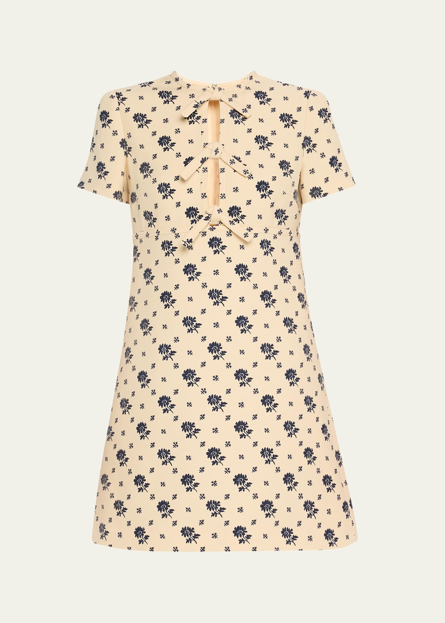 floral print bow keyhole wool mini dress