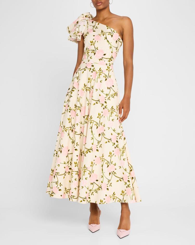 floral-print bow one-shoulder midi dress