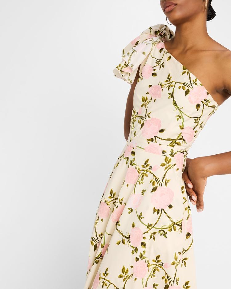 floral-print bow one-shoulder midi dress