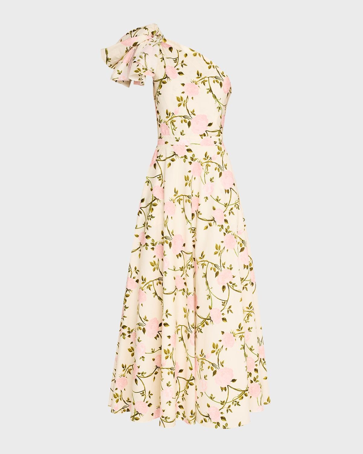 floral-print bow one-shoulder midi dress