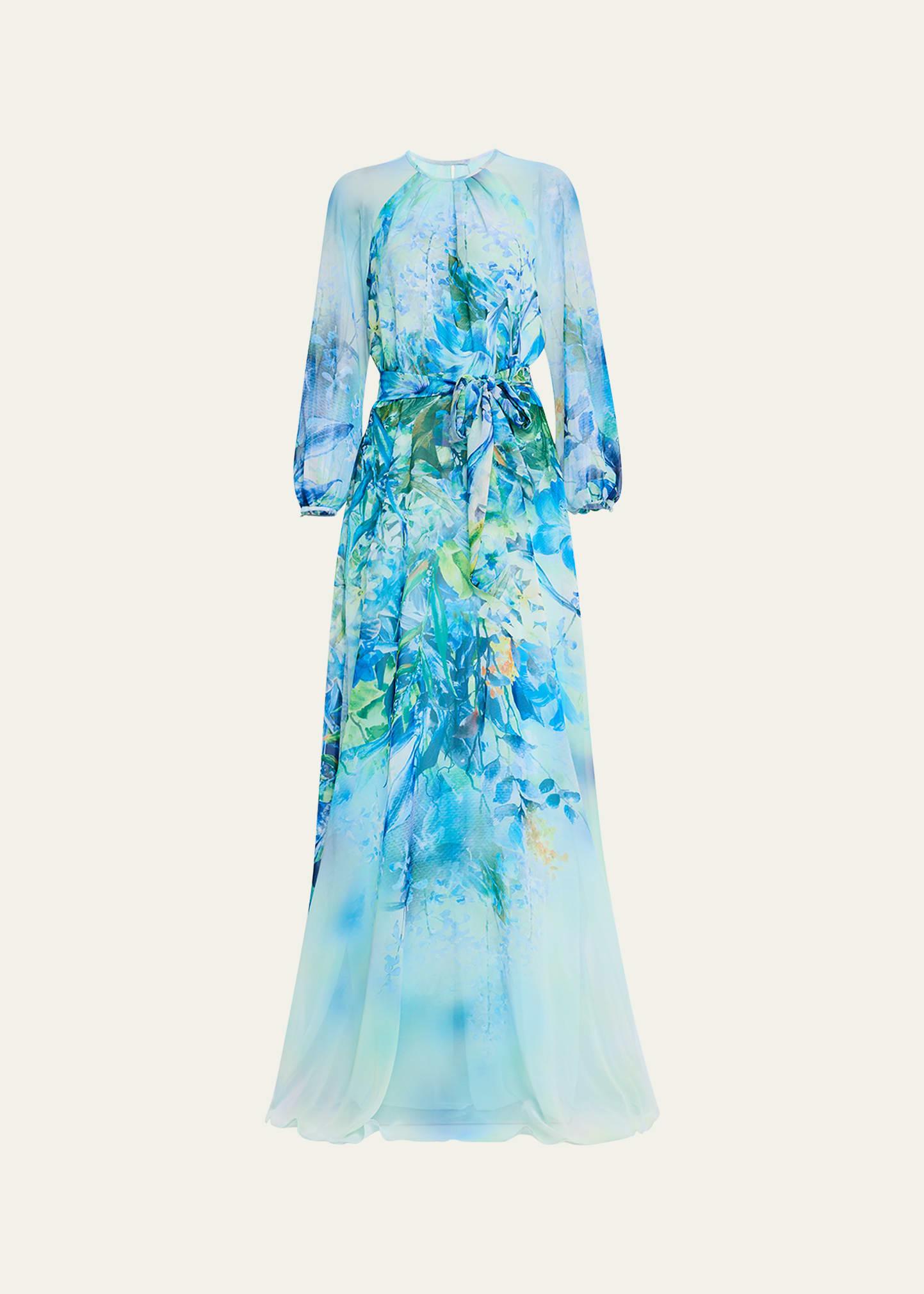 floral-print chiffon gown