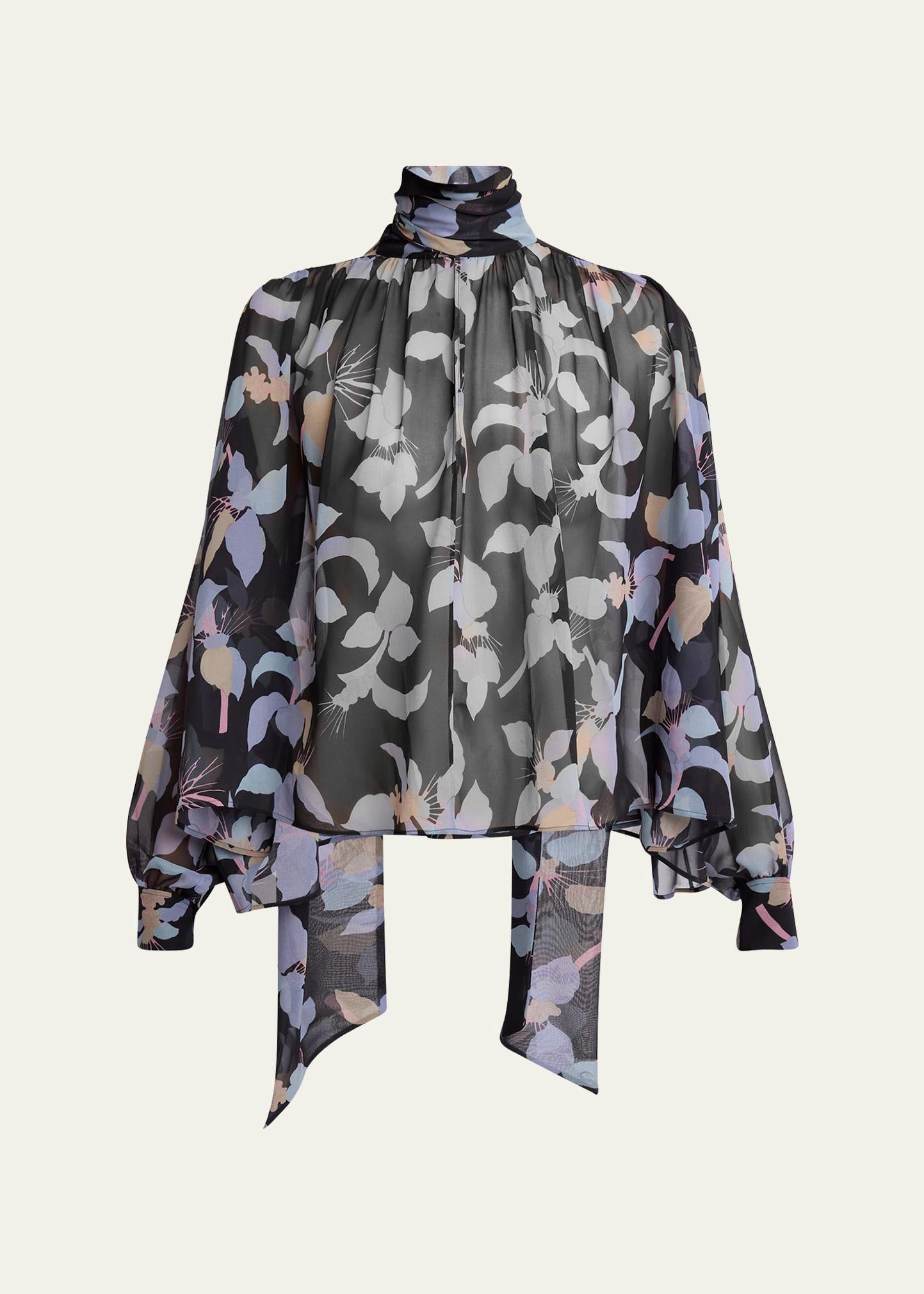 floral-print chiffon neck-scarf top