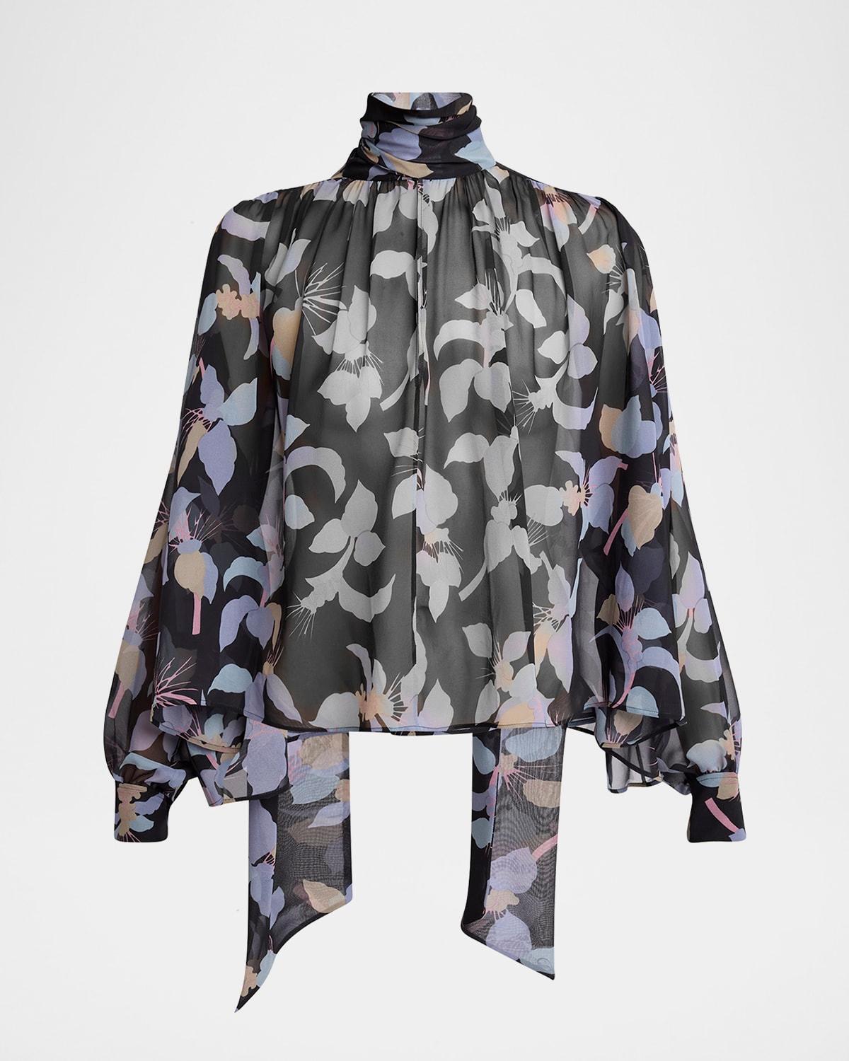 floral-print chiffon neck-scarf top