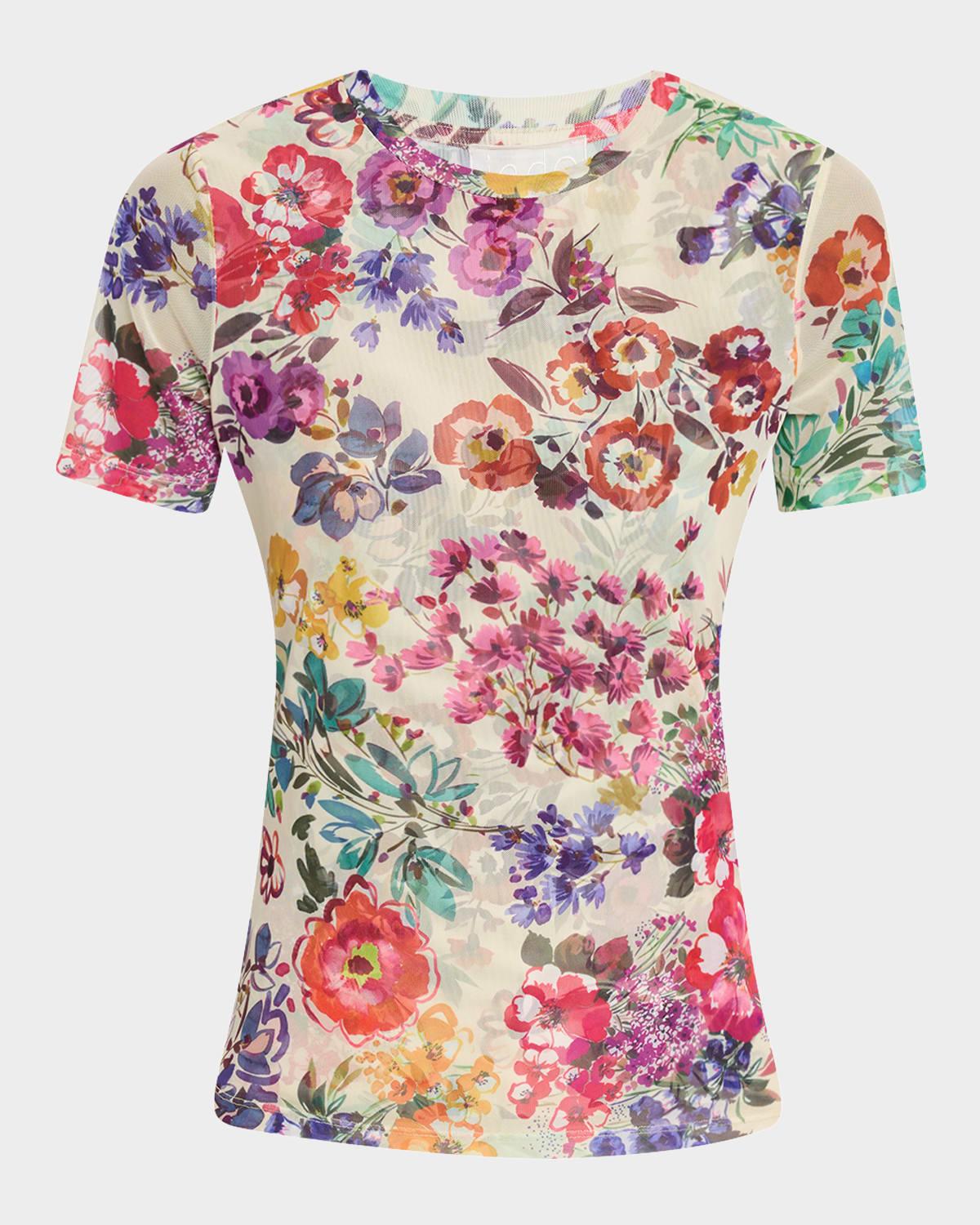 floral-print crewneck mesh tee