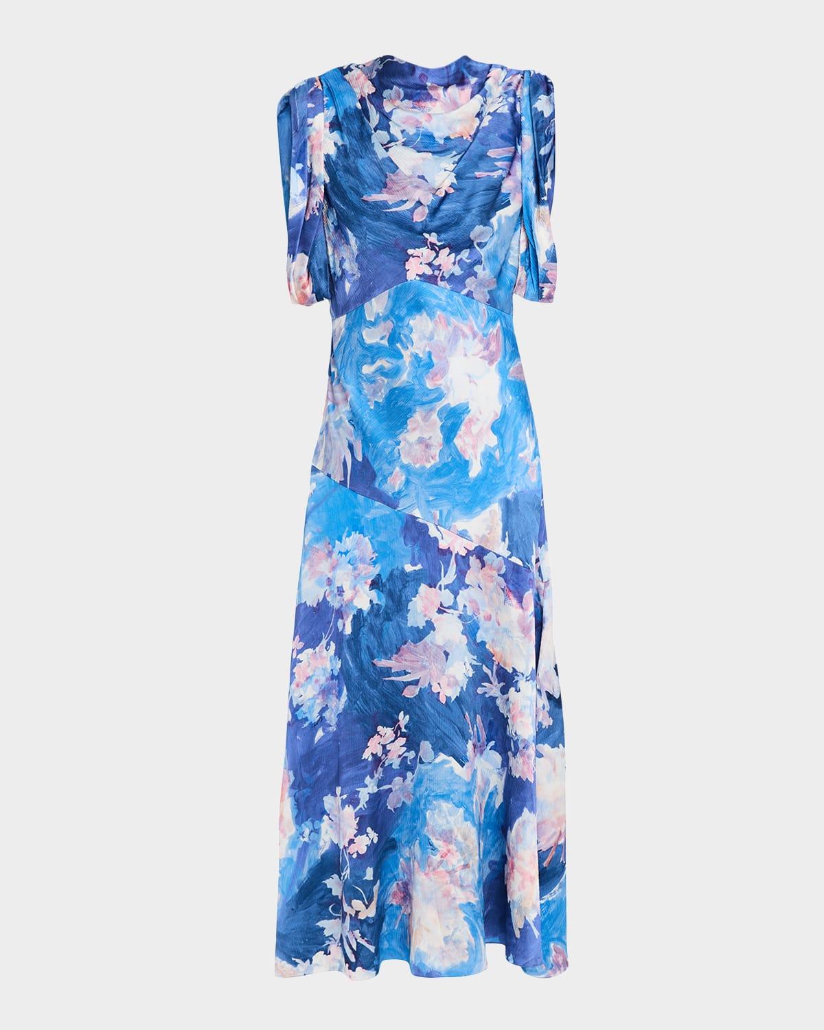 floral-print draped sleeveless midi dress