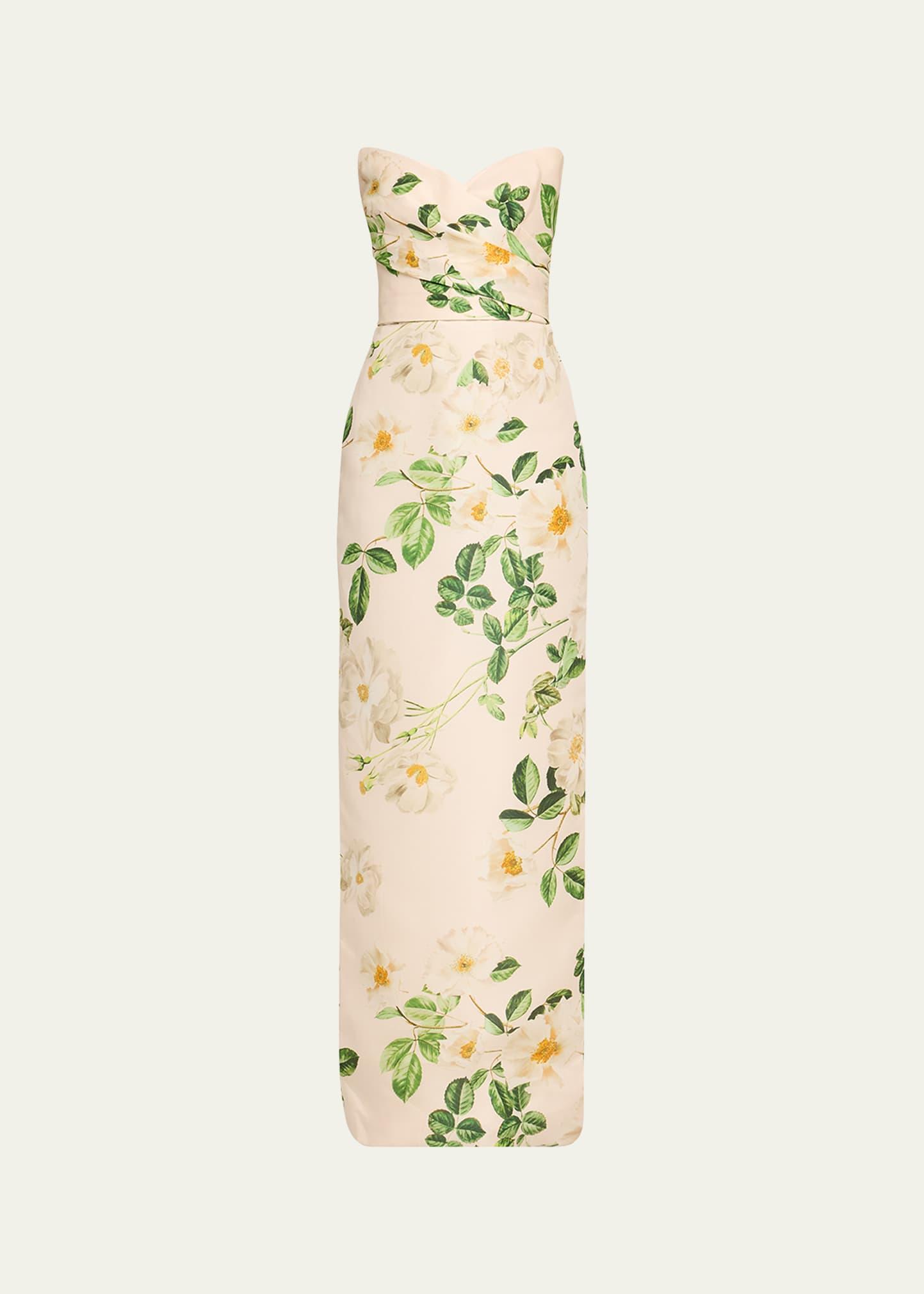 floral-print draped strapless gown