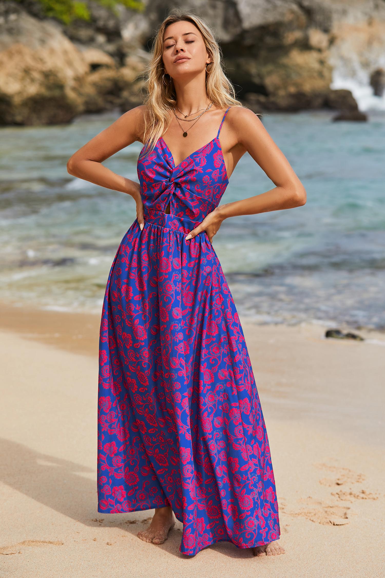 floral print knotted v-neck maxi dress - l