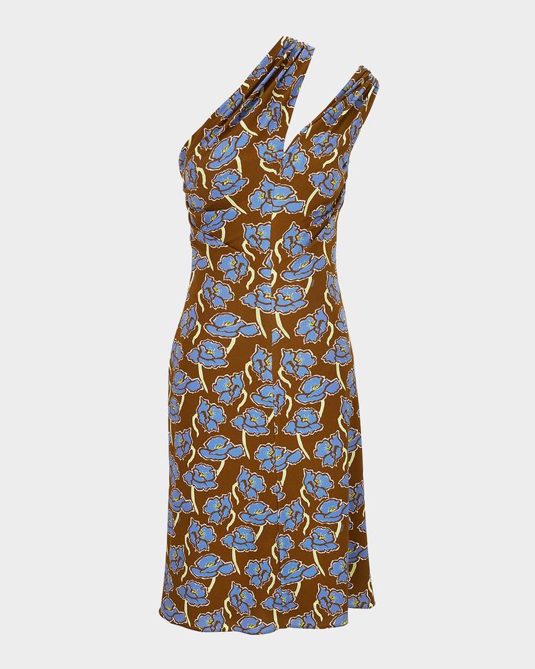 floral print one-shoulder backless crepe cocktail dress