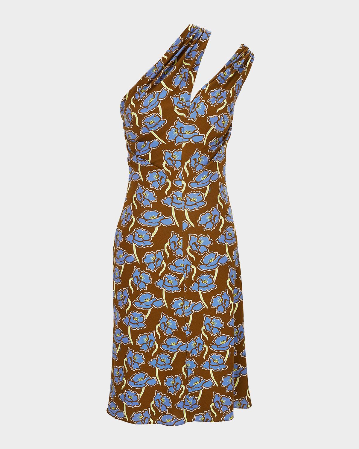 floral print one-shoulder backless crepe cocktail dress