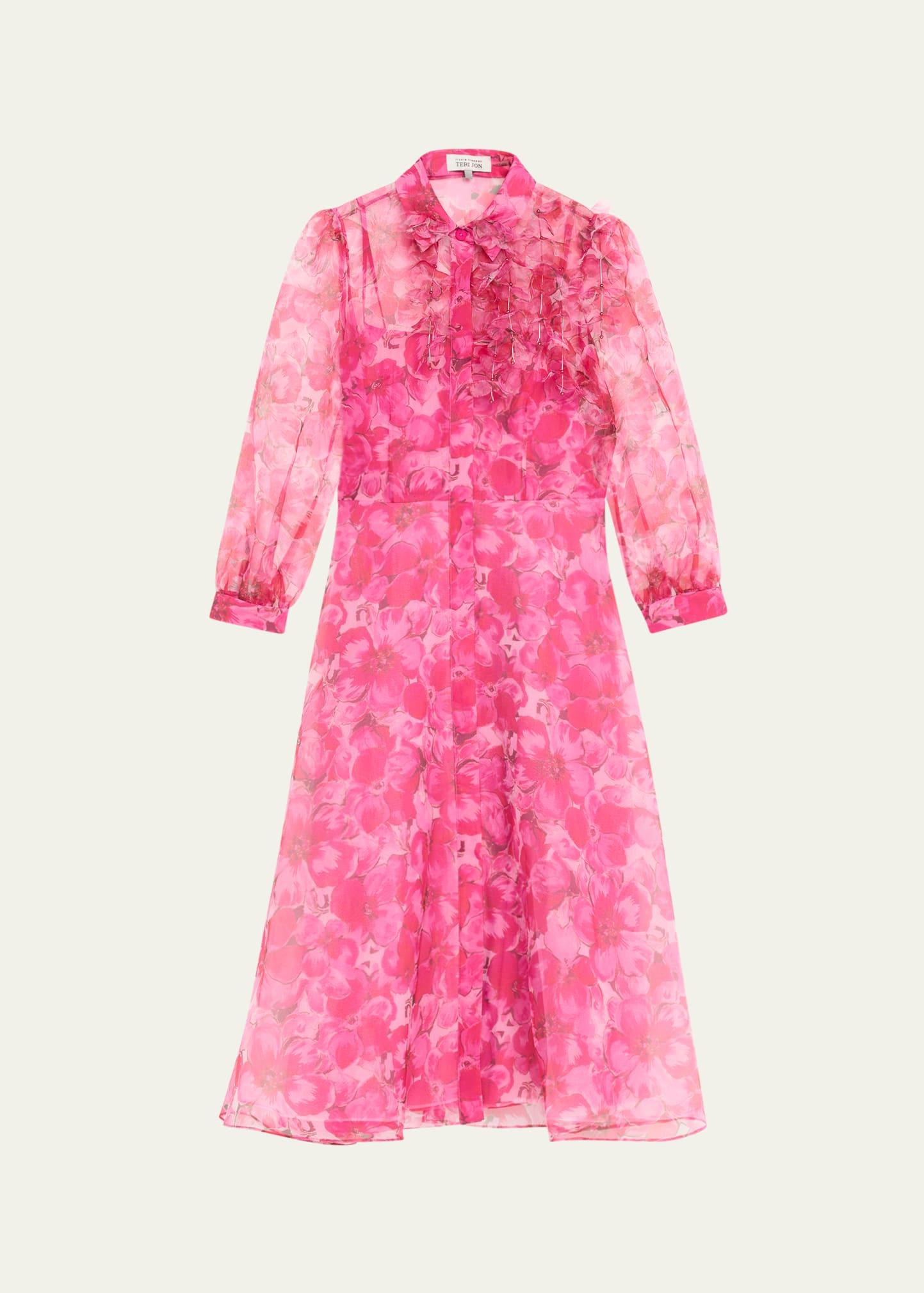 floral-print organza midi shirtdress