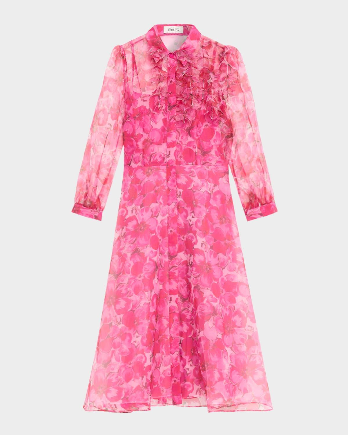 floral-print organza midi shirtdress