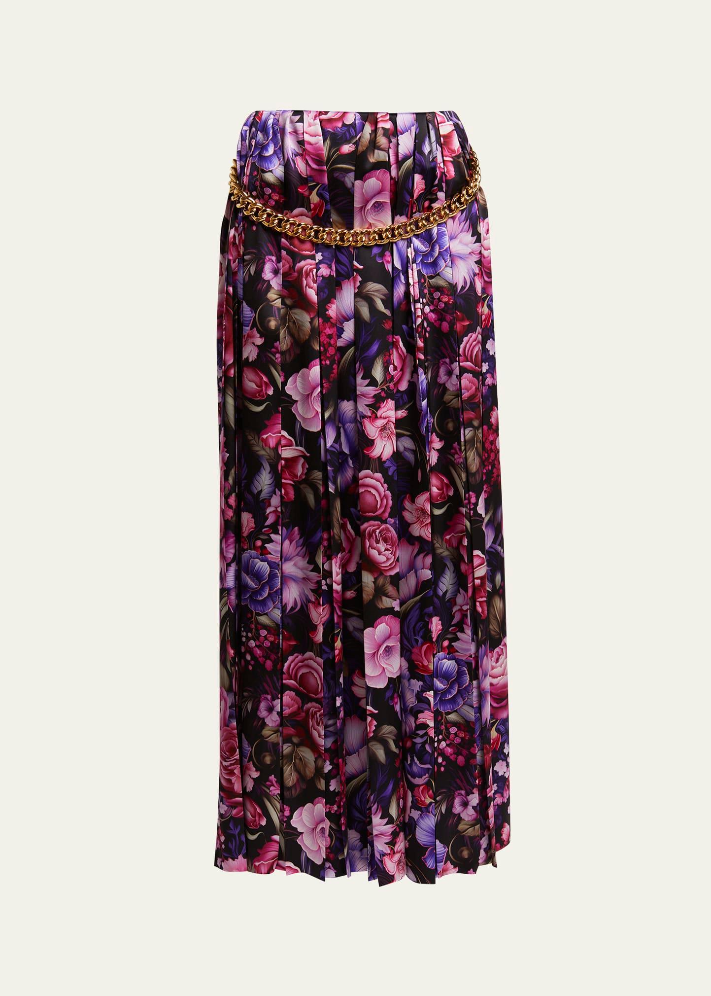 floral print pleated long silk skirt with chunky chain