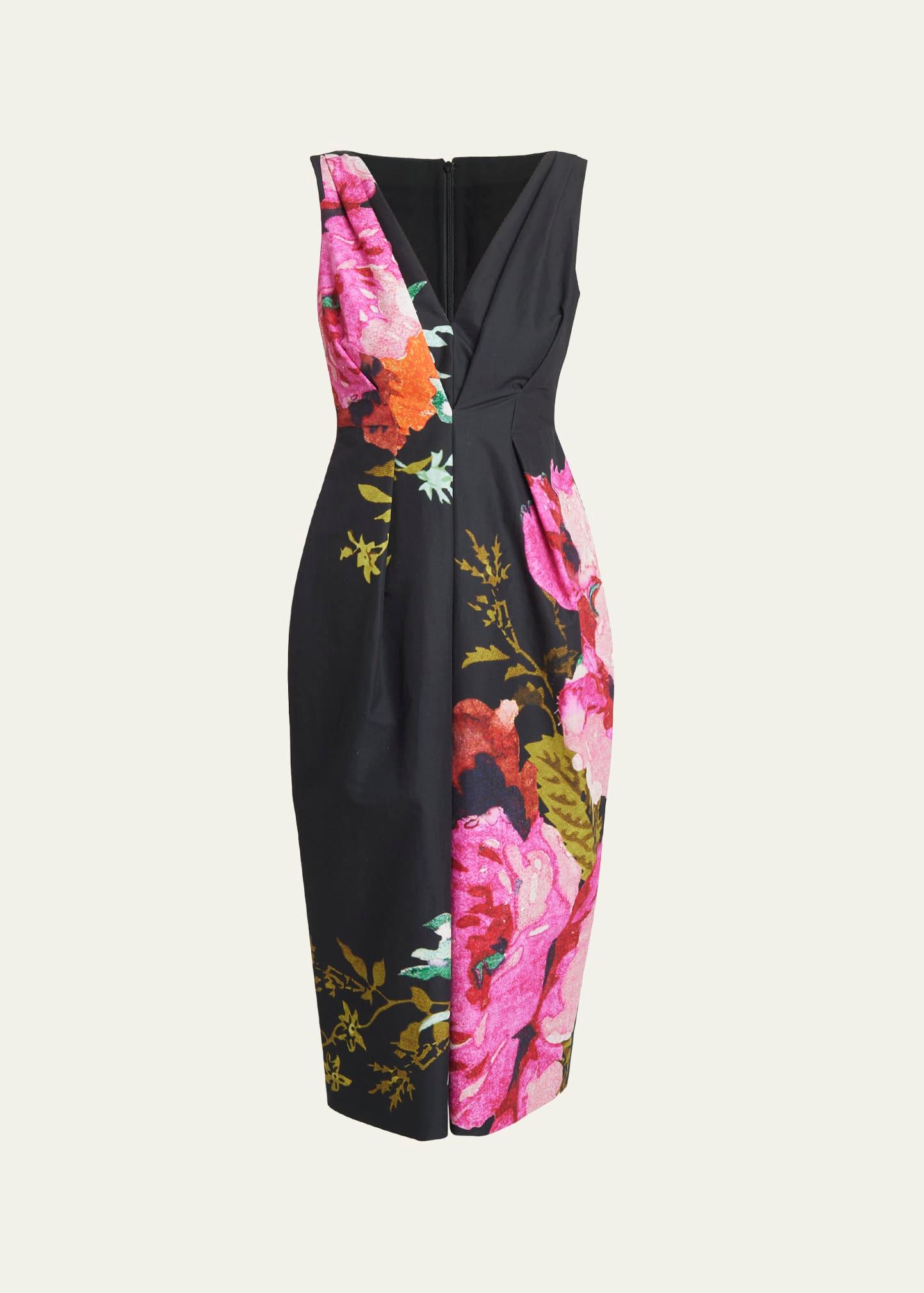 floral-print pleated v-neck sleeveless midi dress