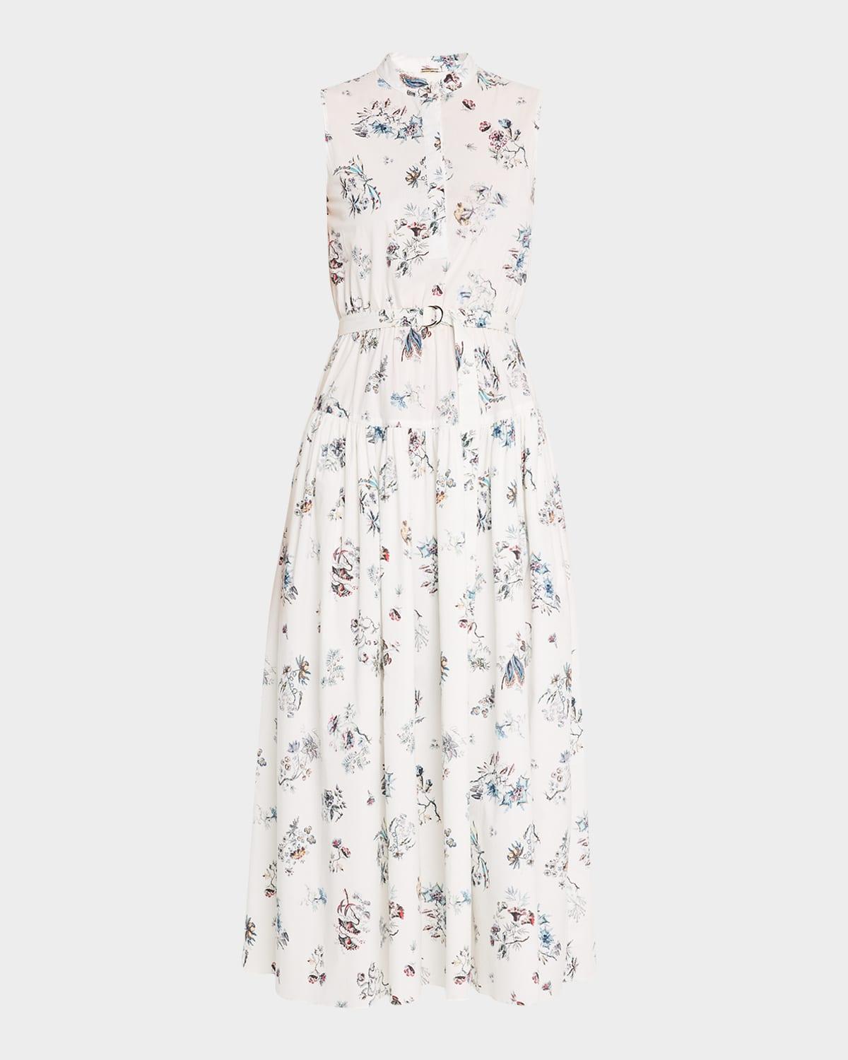 floral-print poplin sleeveless midi shirtdress with belt