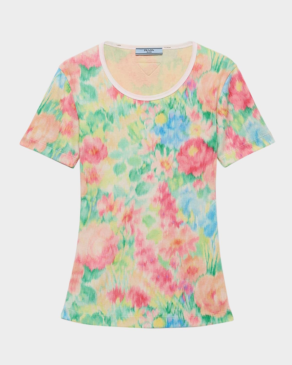 floral-print rib-knit cotton t-shirt