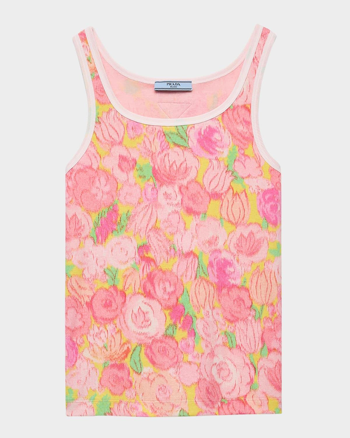floral-print ribbed knit cotton tank top