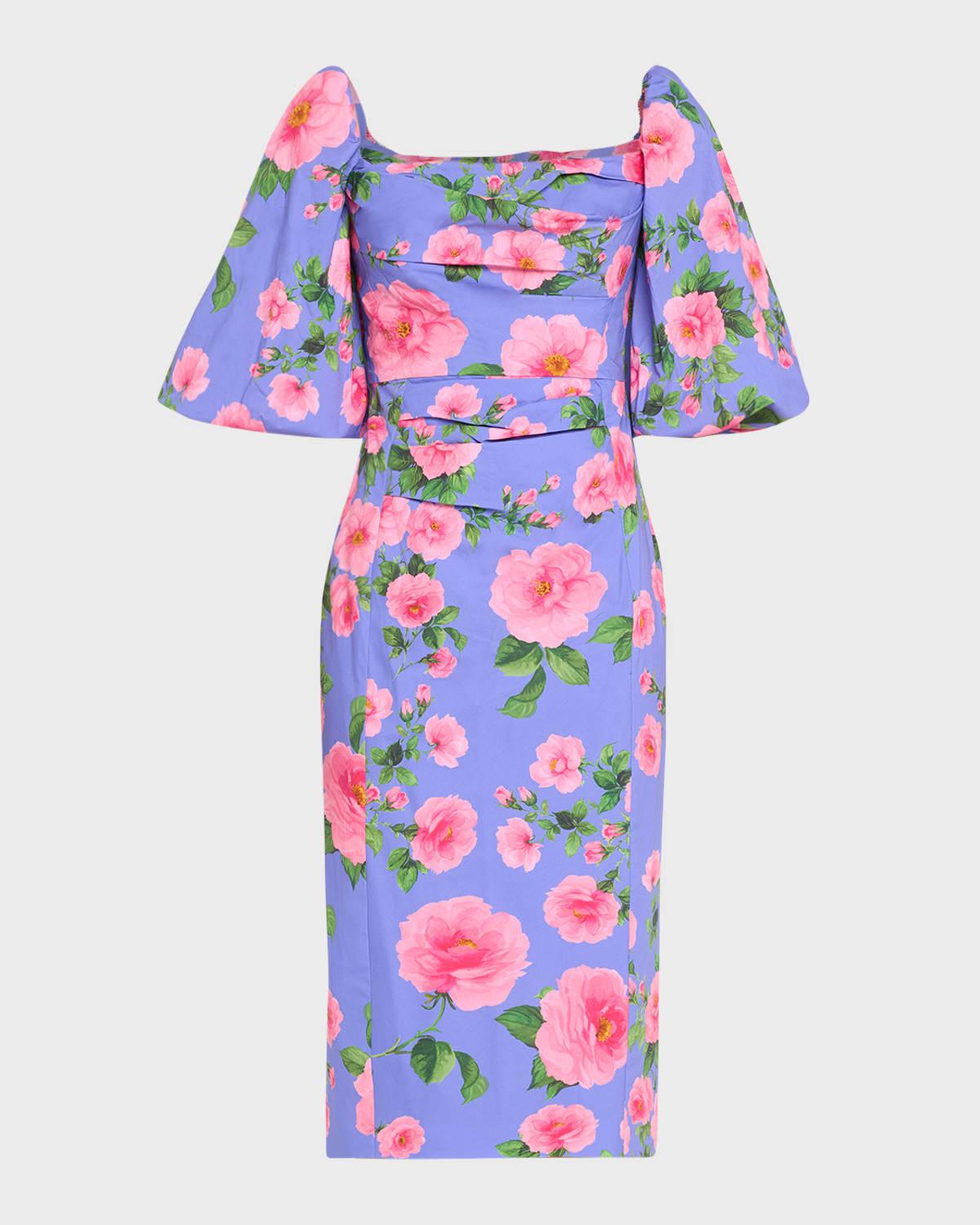 floral print ruched midi dress with puff sleeves