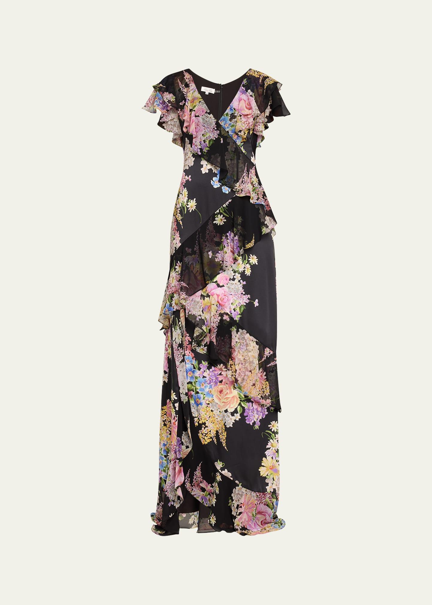 floral-print ruffle chiffon gown