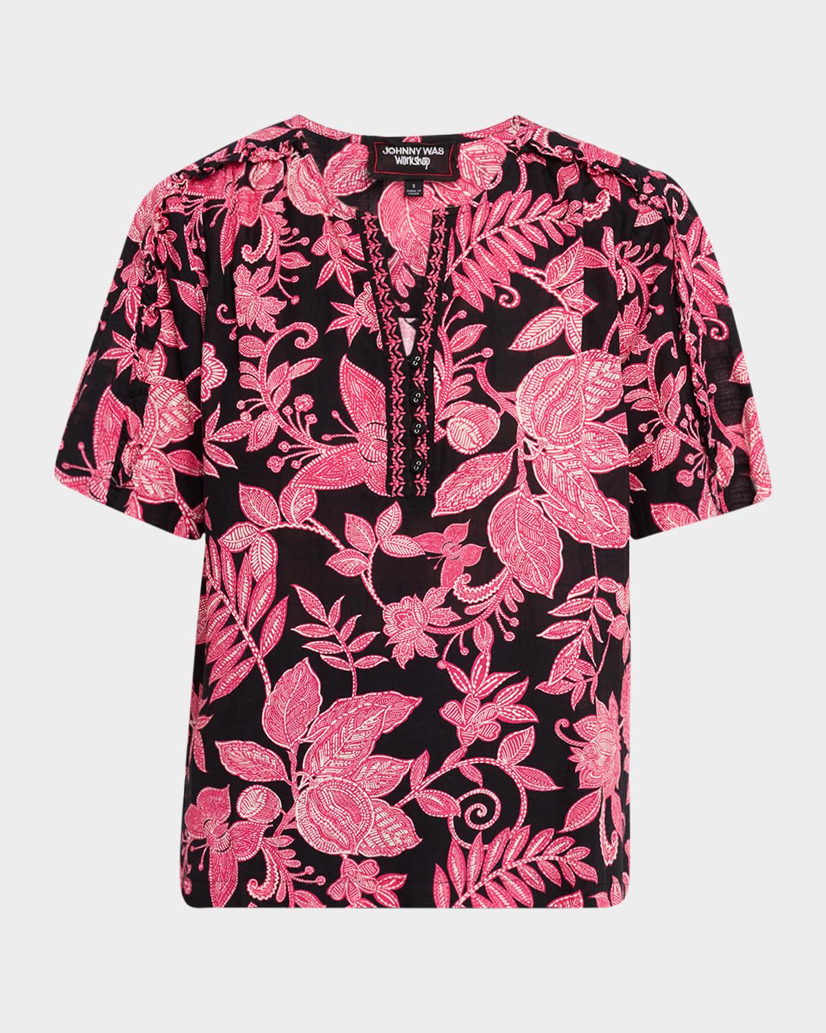 floral-print ruffle cotton top