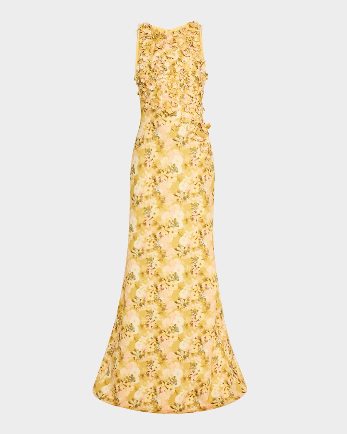 floral-print scuba trumpet gown