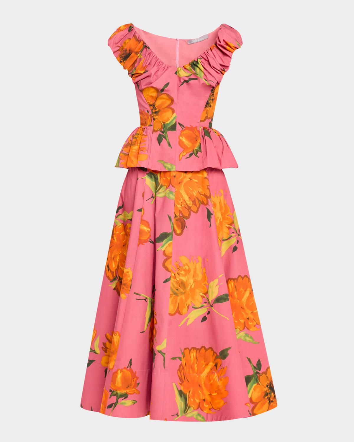 floral-print shirred v-neck cotton peplum top