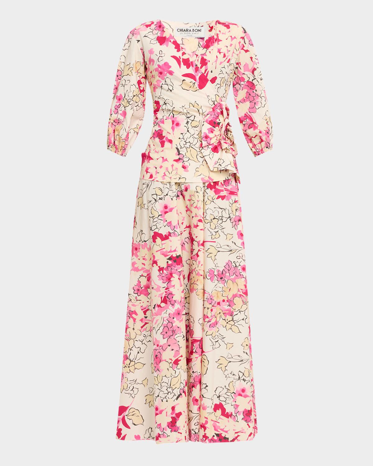 floral-print side ruffle gown