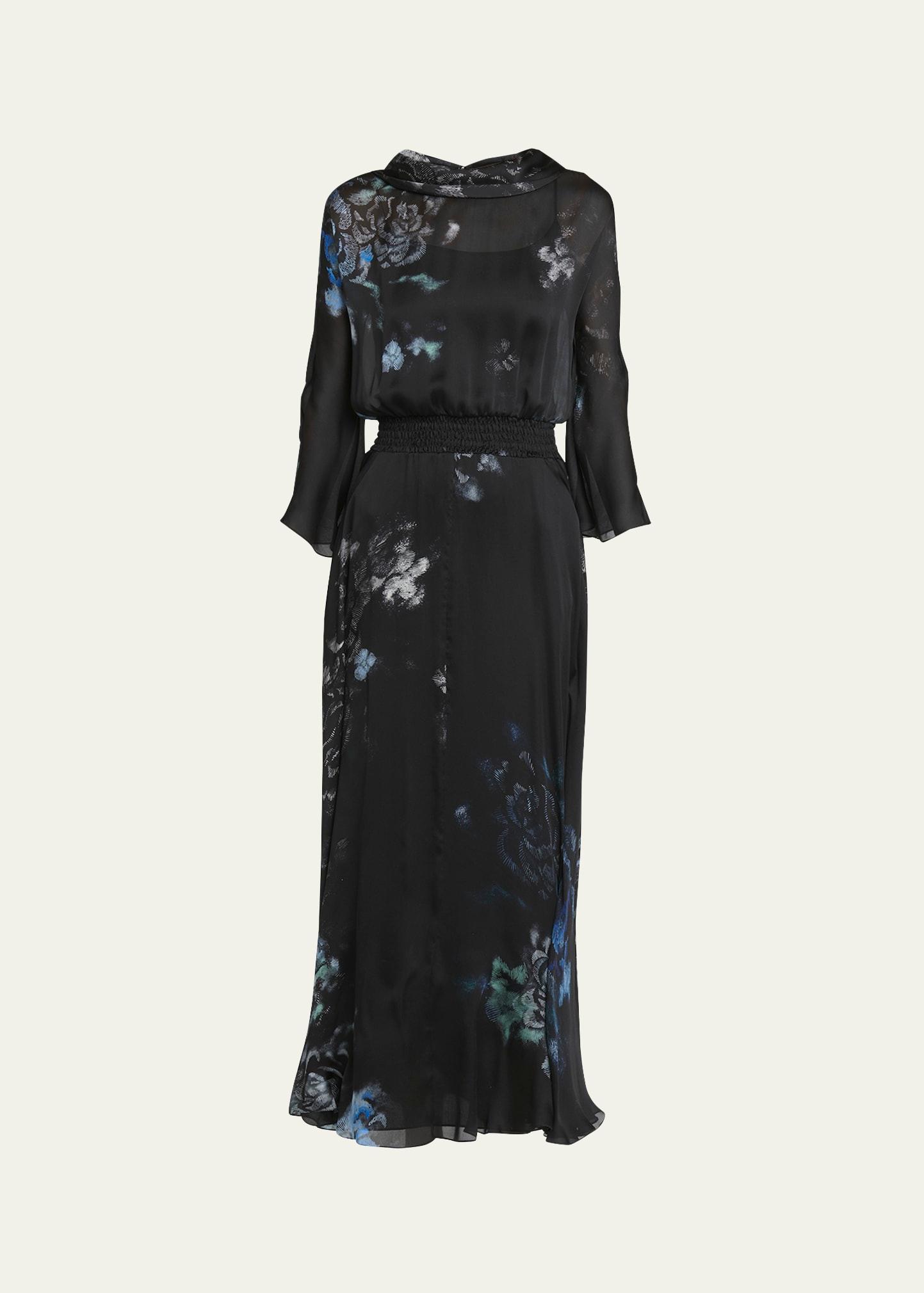 floral print silk gown with smocked waist