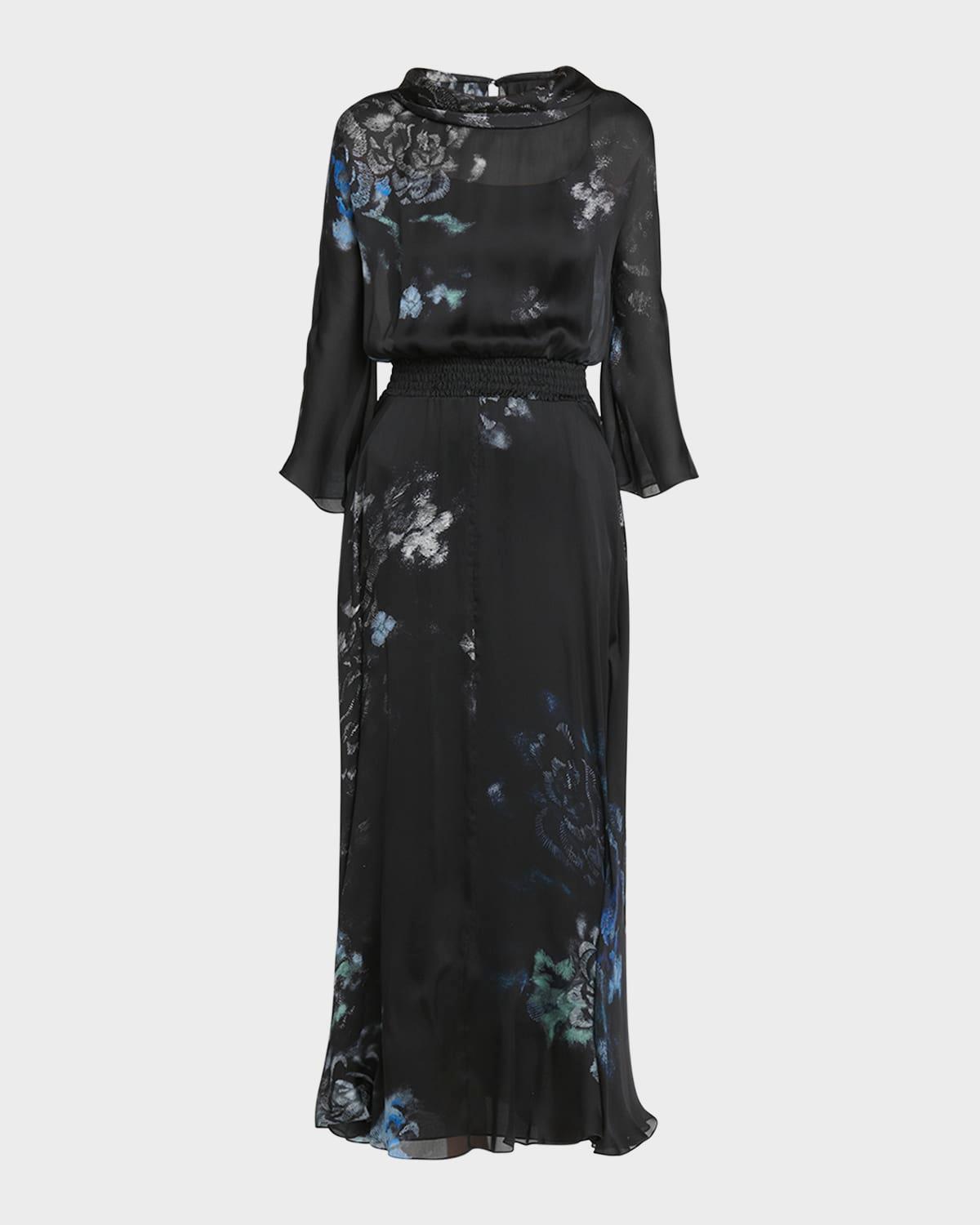 floral print silk gown with smocked waist
