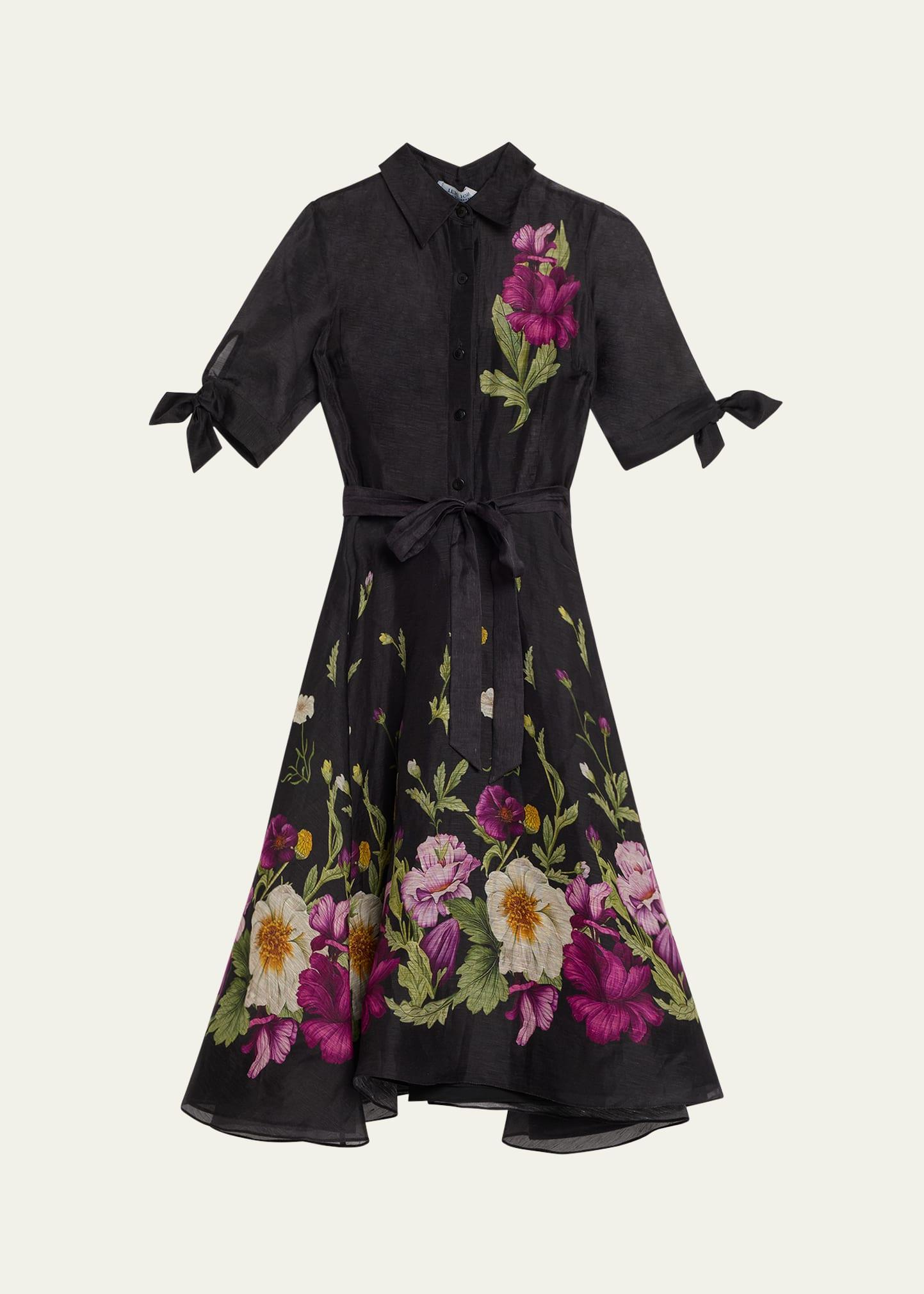 floral-print silken linen midi shirtdress