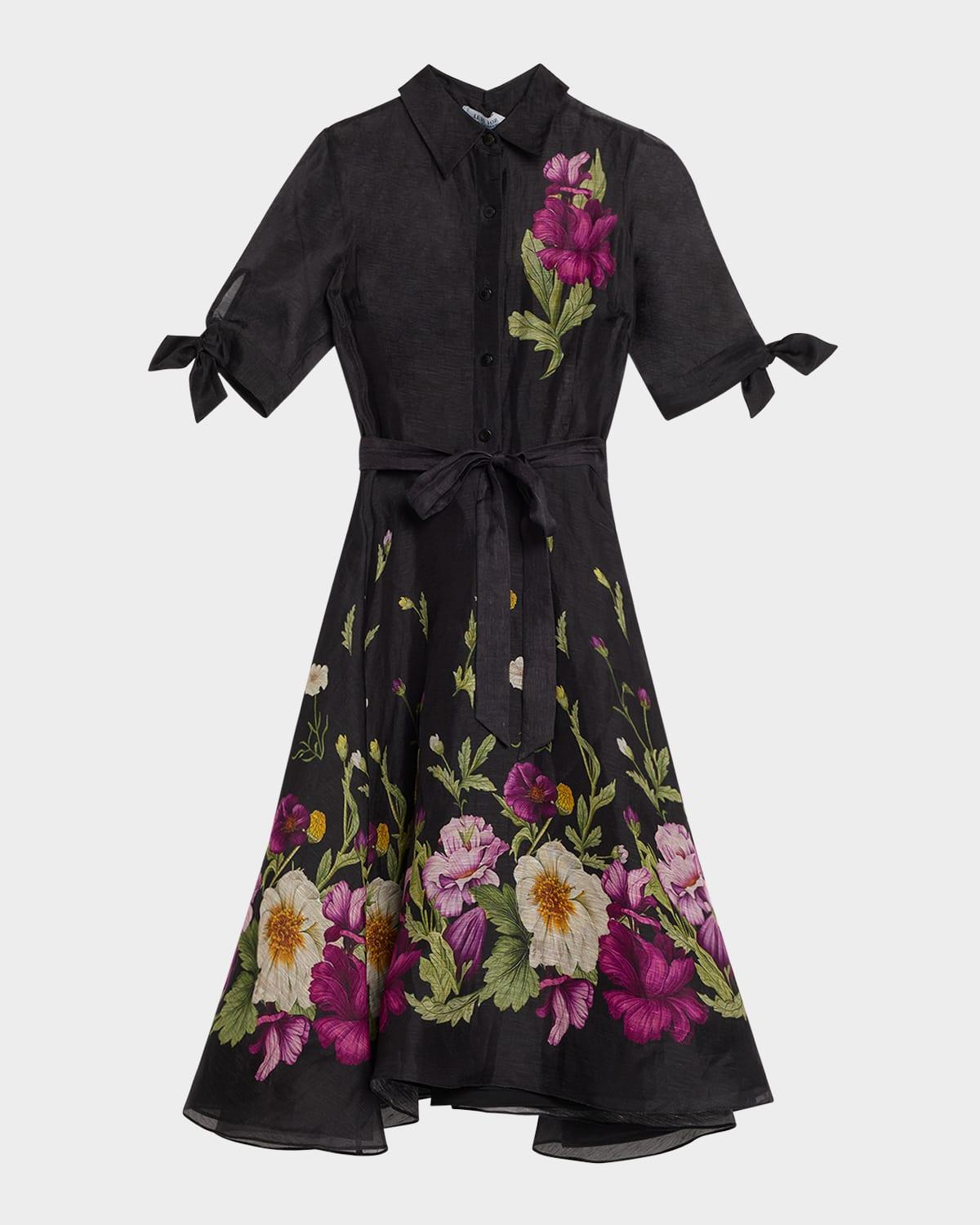 floral-print silken linen midi shirtdress