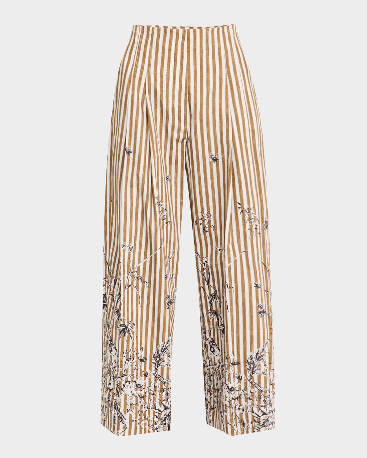 floral-print striped pleated wide-leg pants