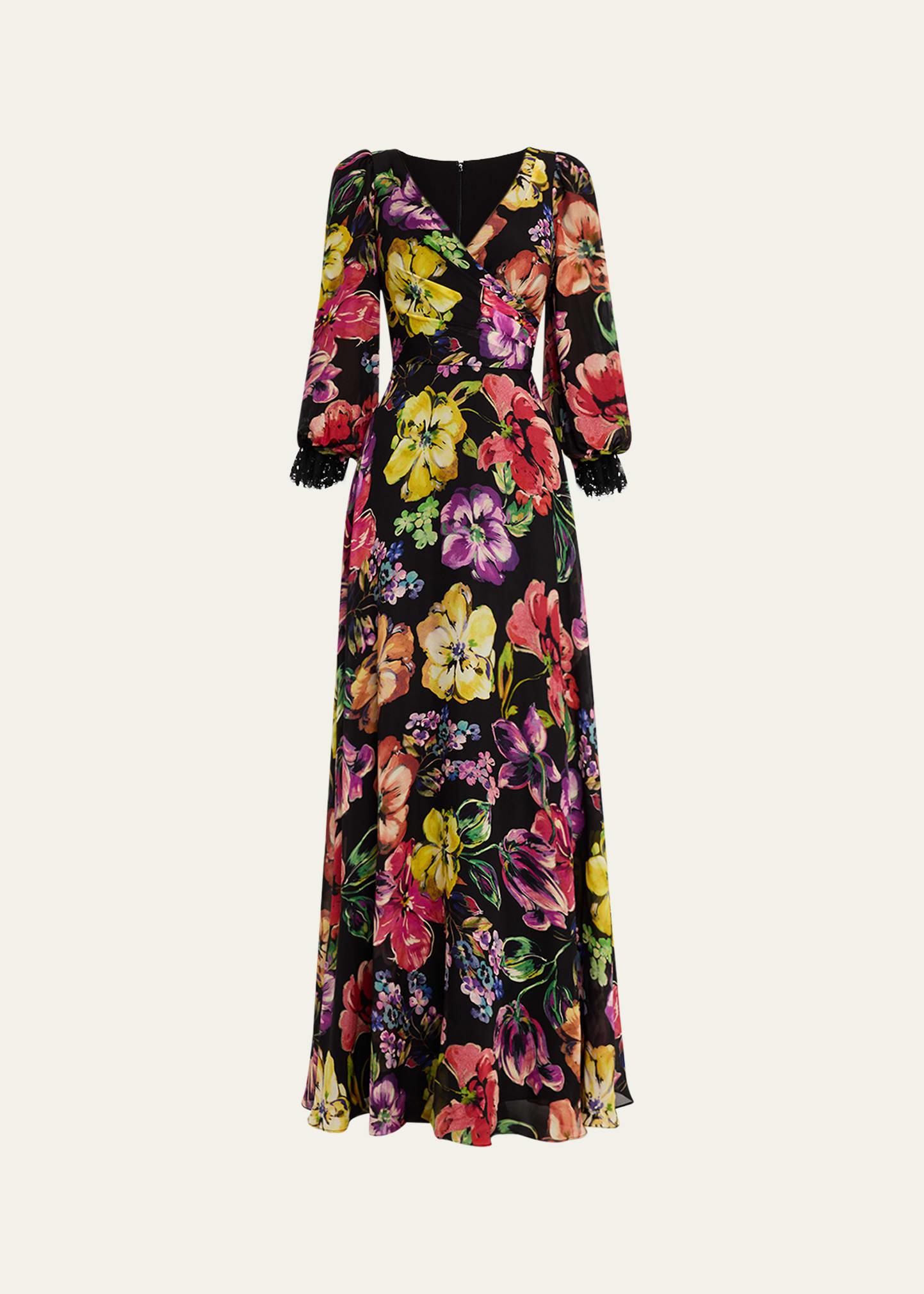 floral-print surplice silk gown