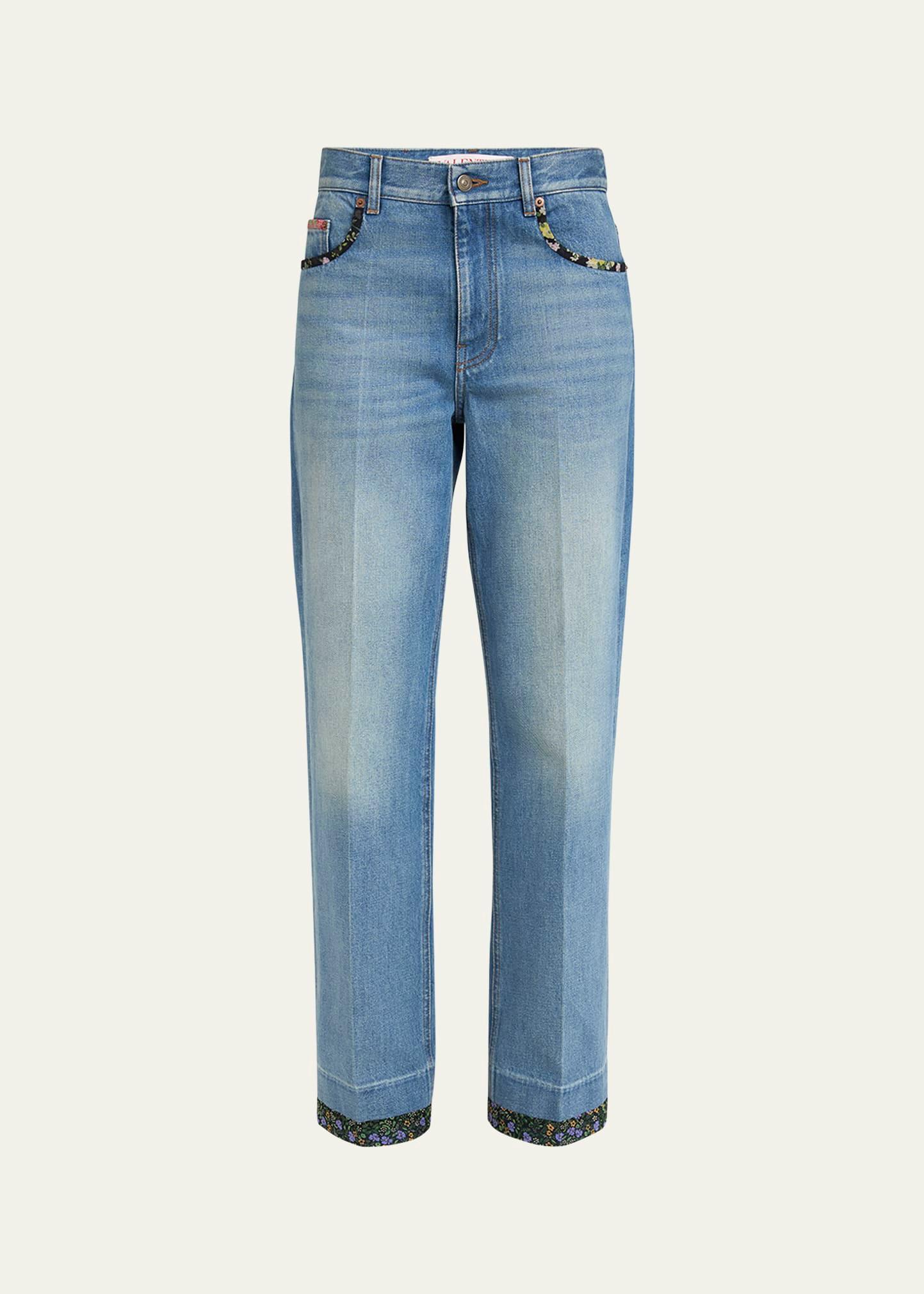 floral-print trim straight-leg denim jeans