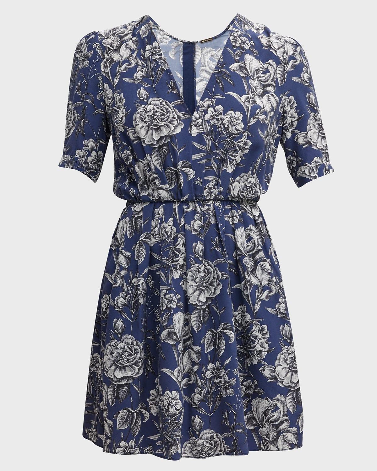 floral-print v-neck pleated voile mini dress