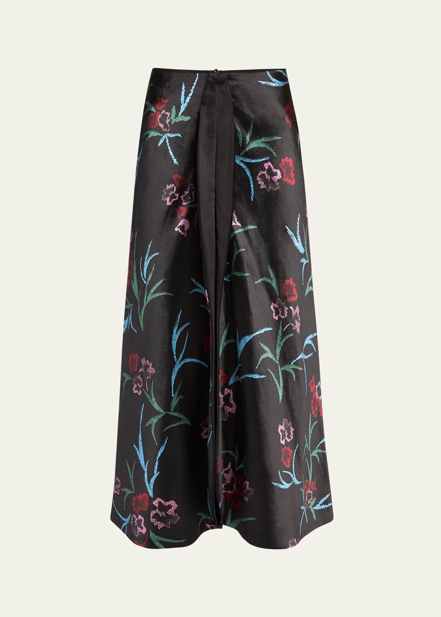 floral printed maxi silk skirt with pleated center panel