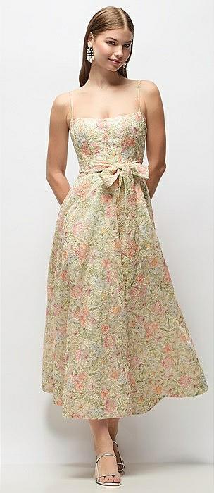 floral re-embroidered voile boned corset midi dress with sash