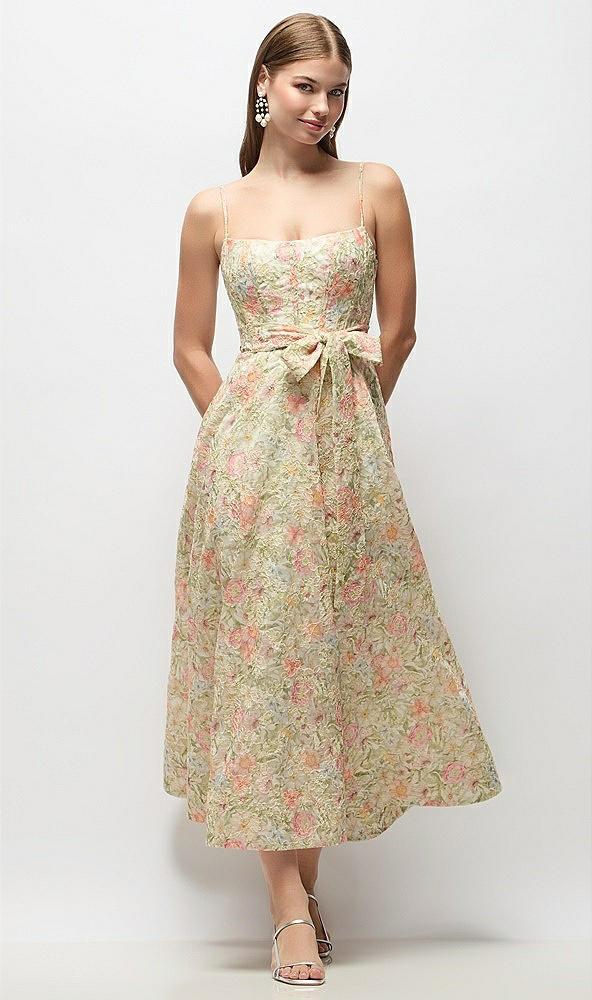 floral re-embroidered voile boned corset midi dress with sash