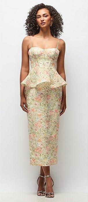 floral re-embroidered voile bustier midi dress with peplum over column skirt
