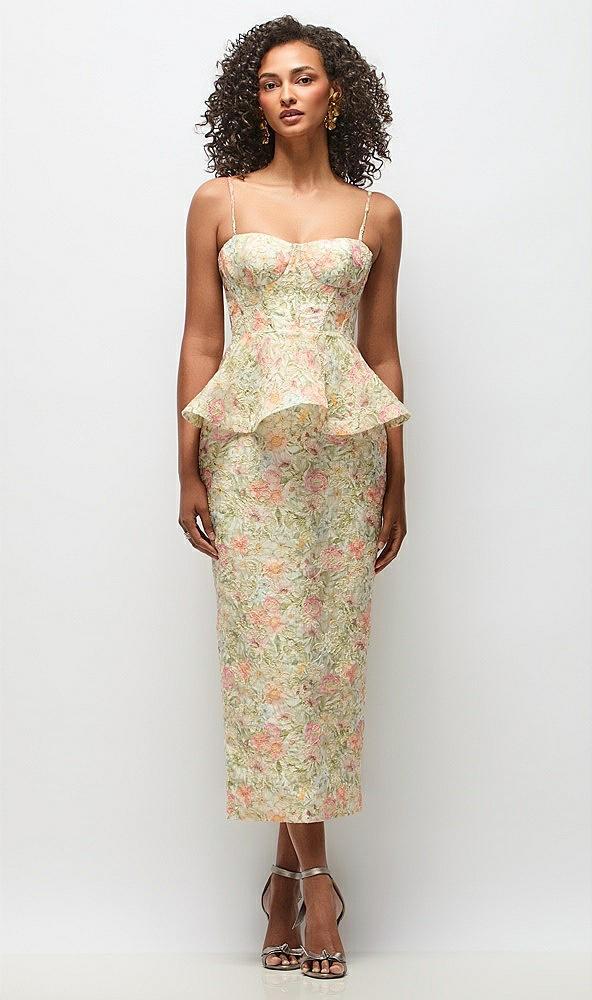 floral re-embroidered voile bustier midi dress with peplum over column skirt