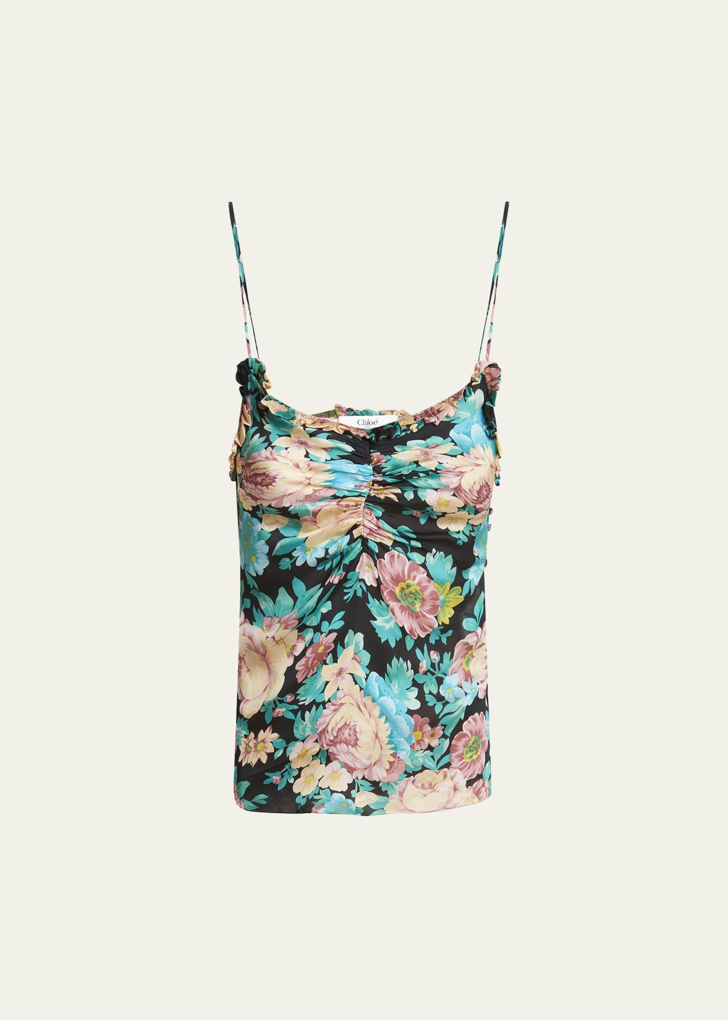 floral ruched ruffle-trim silk tank top