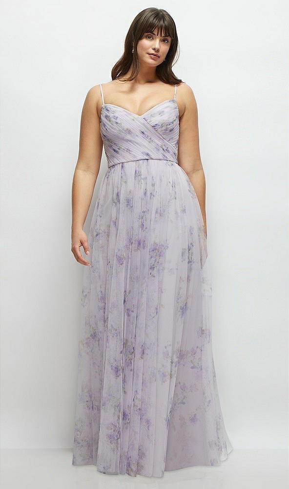 floral ruched wrap bodice tulle dress with long full skirt
