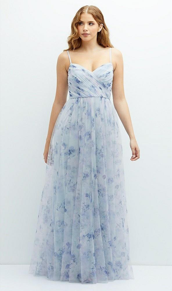 floral ruched wrap bodice tulle dress with long full skirt