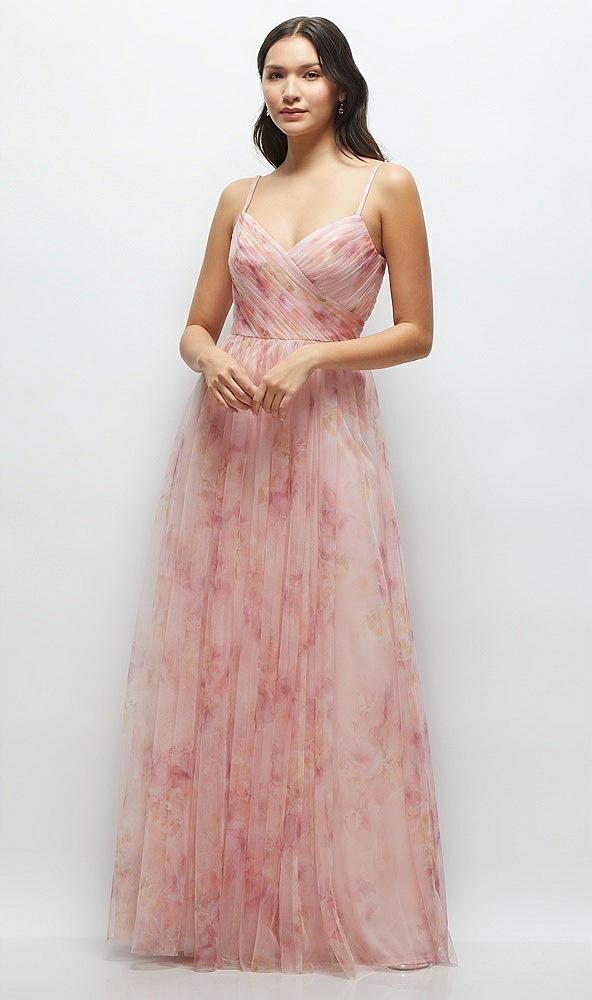 floral ruched wrap bodice tulle dress with long full skirt