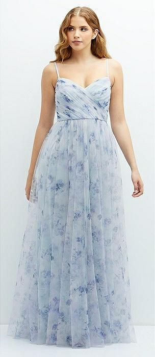 floral ruched wrap bodice tulle dress with long full skirt