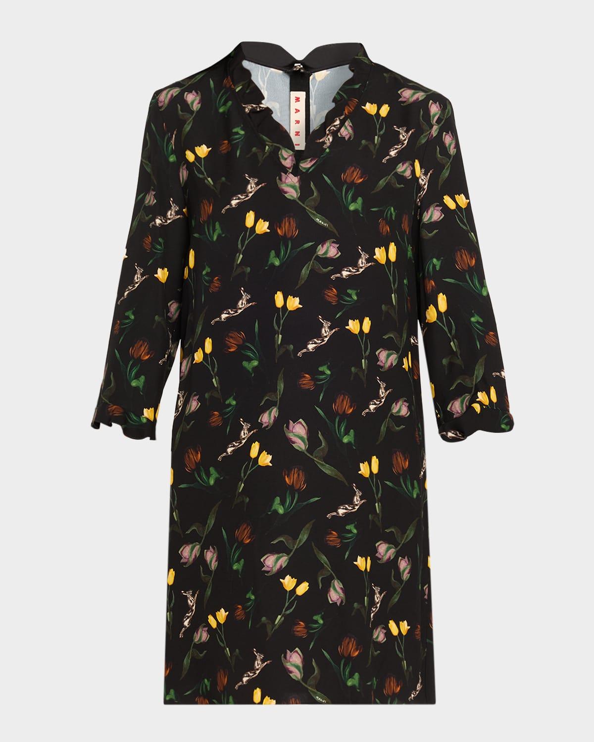 floral ruffle 3/4-sleeve mini dress