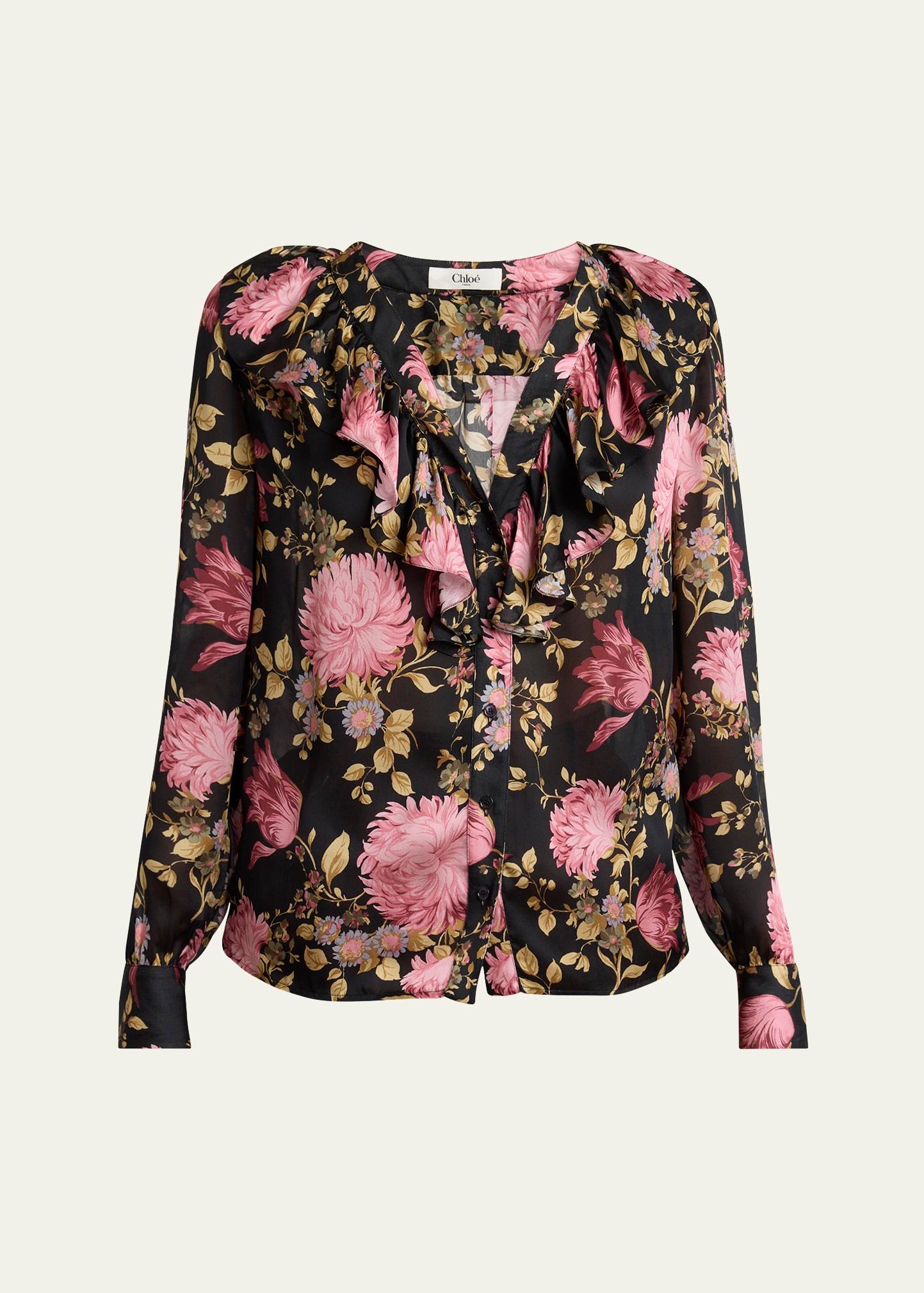 floral ruffle-trim button down silk top