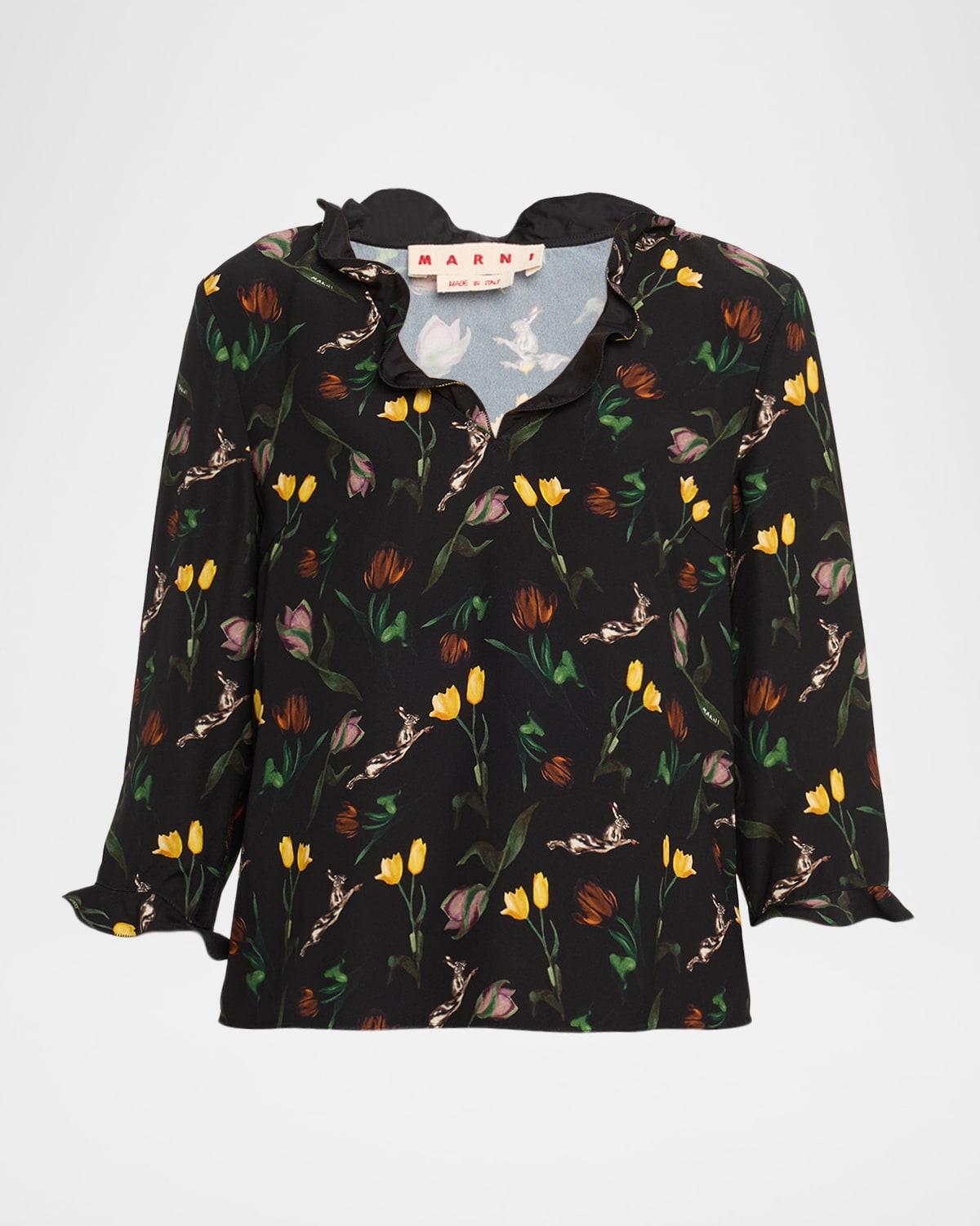 floral ruffle v-neck 3/4-sleeve top